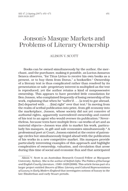 Jonson's Masque Markets and Problems of Literary Ownership