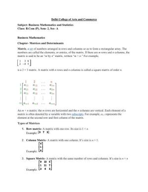 Business Mathematics and Statistics Class: B.Com (P), Sem- 2, Sec- A