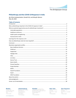Philanthropy and the COVID-19 Response in India by Pritha Venkatachalam, Donald Yeh, and Niloufer Memon May 18, 2020