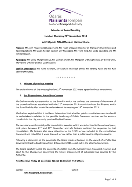 Minutes of Board Meeting Held on Thursday 28Th November 2013 at 2.30Pm in NTA Offices on Harcourt Lane