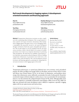 Rail Transit Development in Lagging Regions: a Development- Oriented Investment and Financing Approach