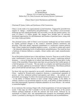 April 14, 2005 Dr. Richard Baum Director, UCLA Center for Chinese Studies Before the U.S.-China Economic and Security Review Commission