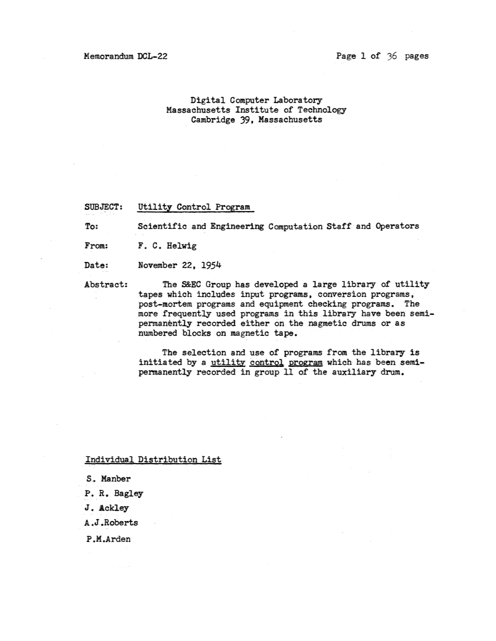 Memorandum DCL-22 Page 1 of 36 Pages Digital Computer Laborator,Y Massachusetts Institute of Technology Cambridge 39. Massachuse