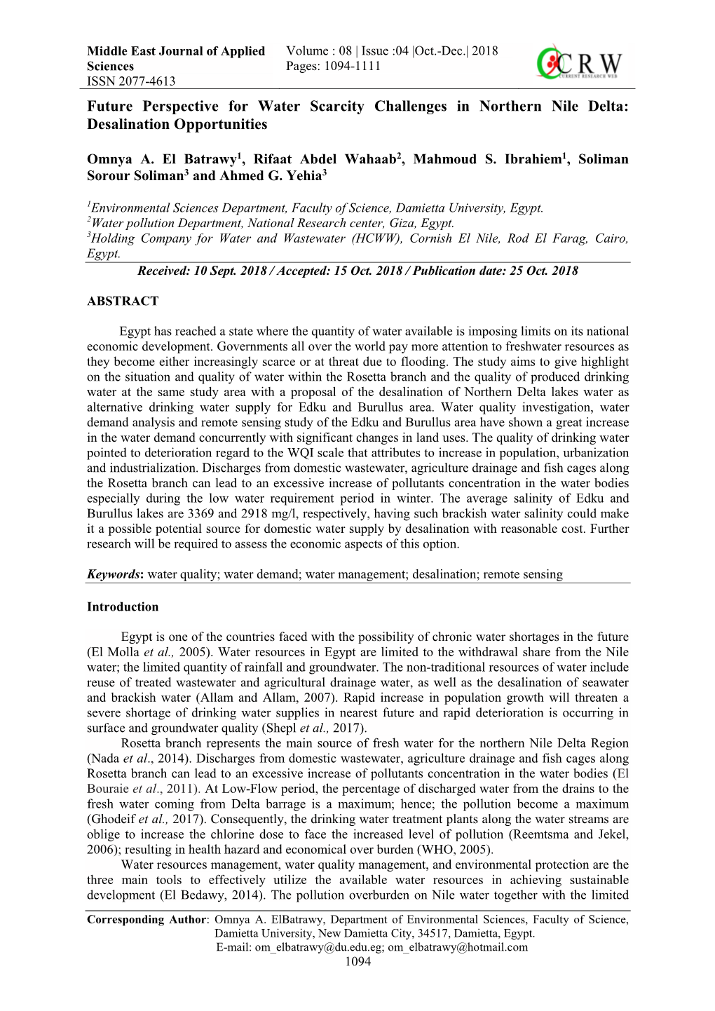 Future Perspective for Water Scarcity Challenges in Northern Nile Delta: Desalination Opportunities