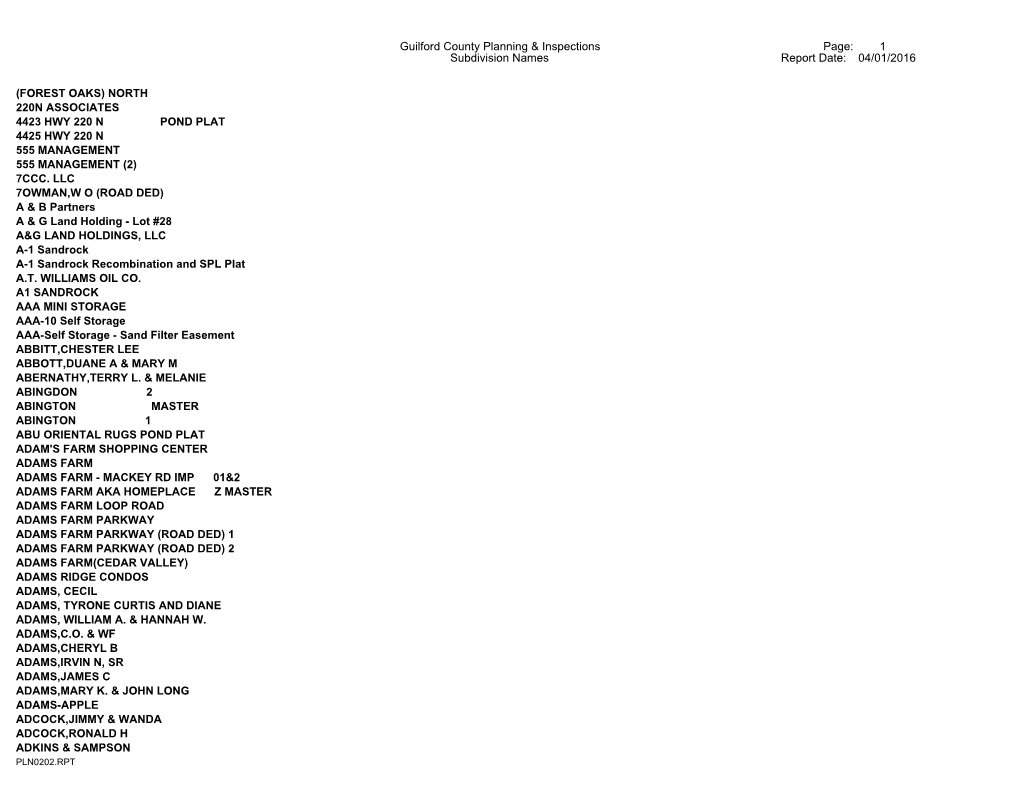 Subdivision Names Guilford County Planning & Inspections Report Date