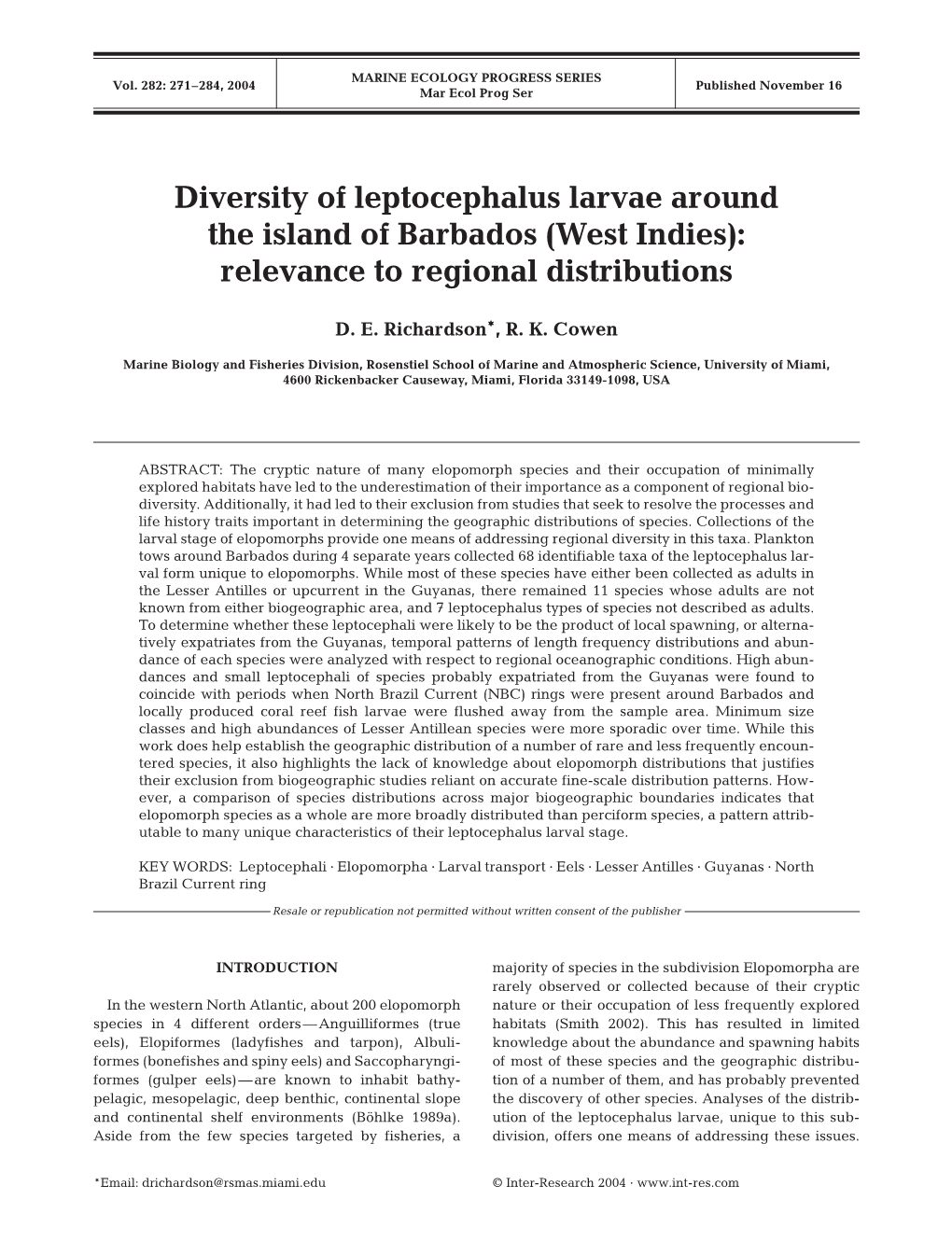 Diversity of Leptocephalus Larvae Around the Island of Barbados (West Indies): Relevance to Regional Distributions