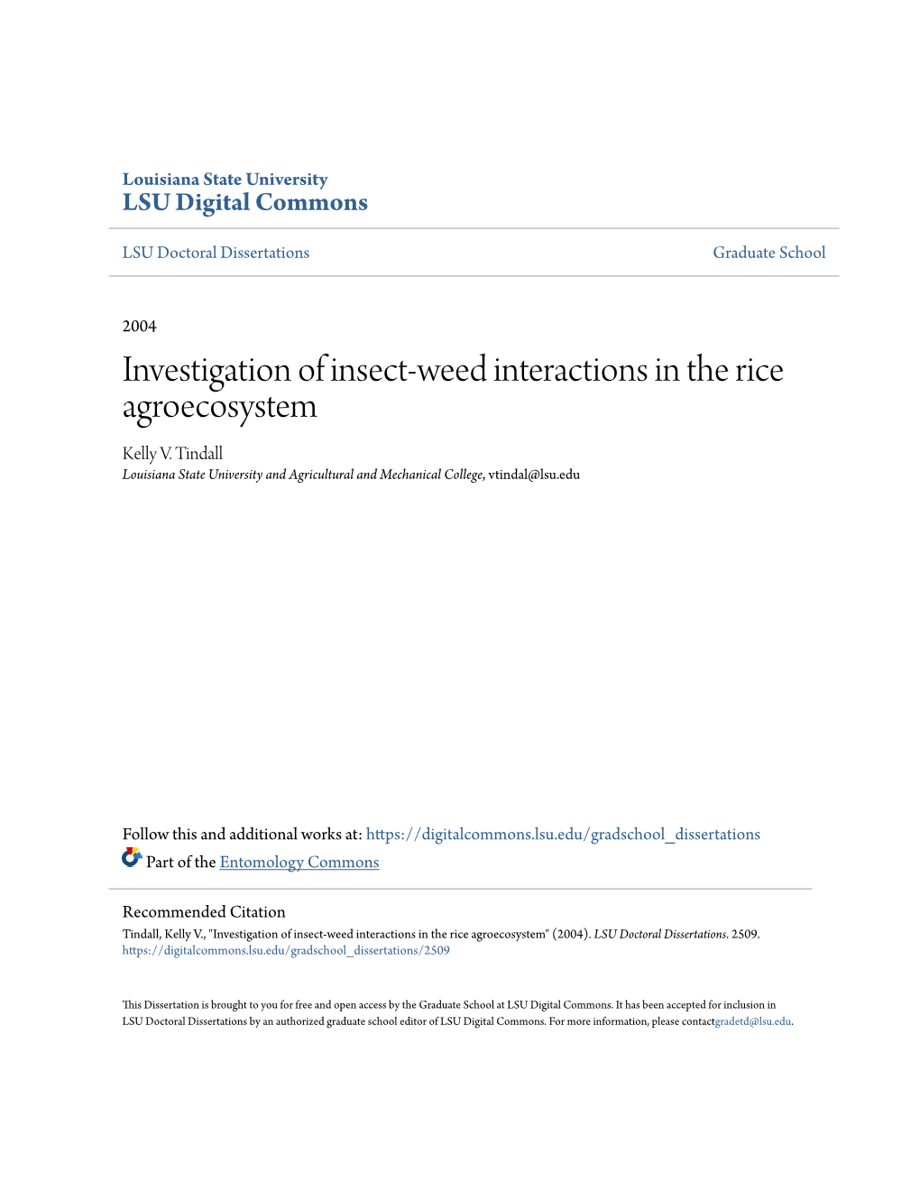 Investigation of Insect-Weed Interactions in the Rice Agroecosystem Kelly V