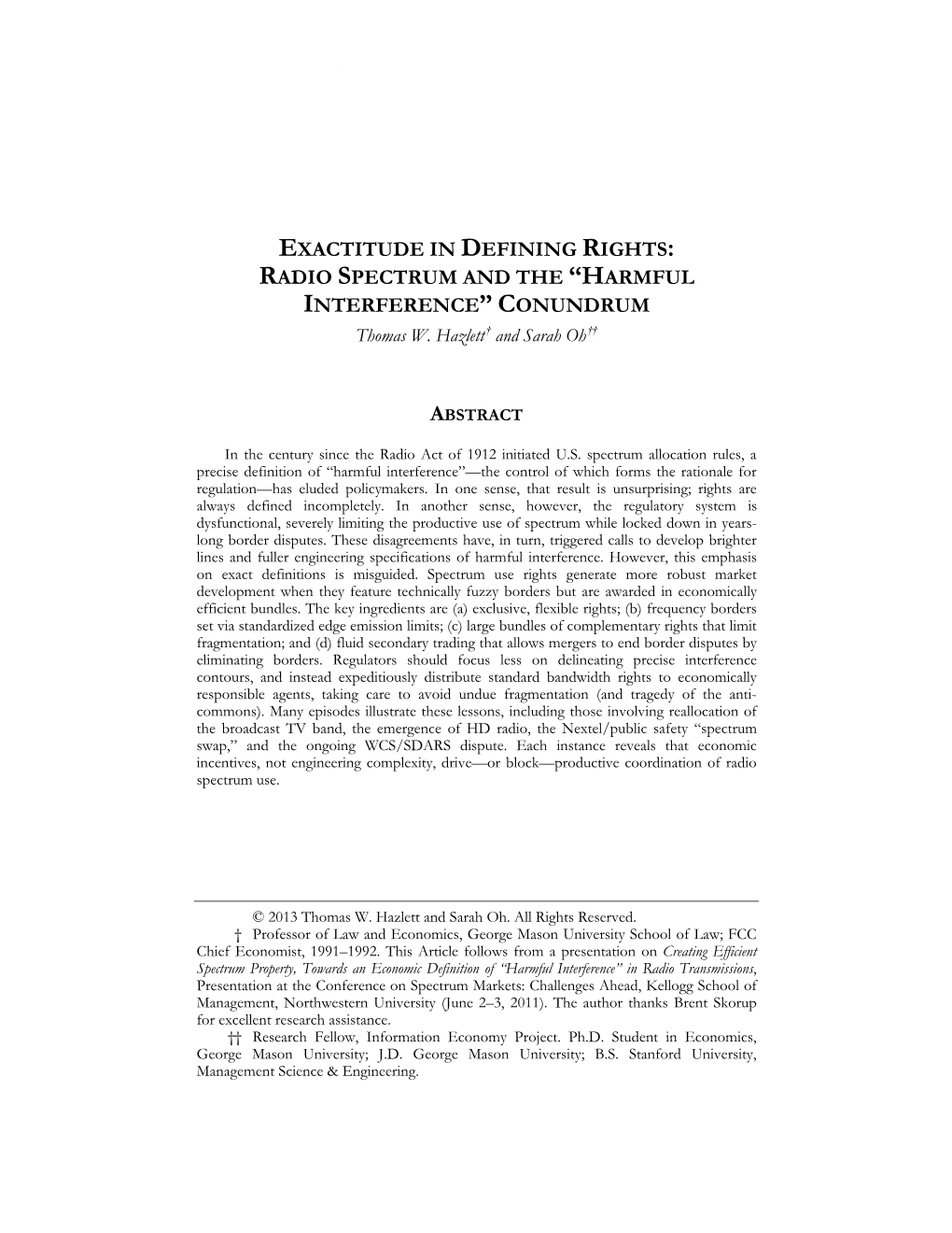 EXACTITUDE in DEFINING RIGHTS: RADIO SPECTRUM and the “HARMFUL INTERFERENCE” CONUNDRUM Thomas W