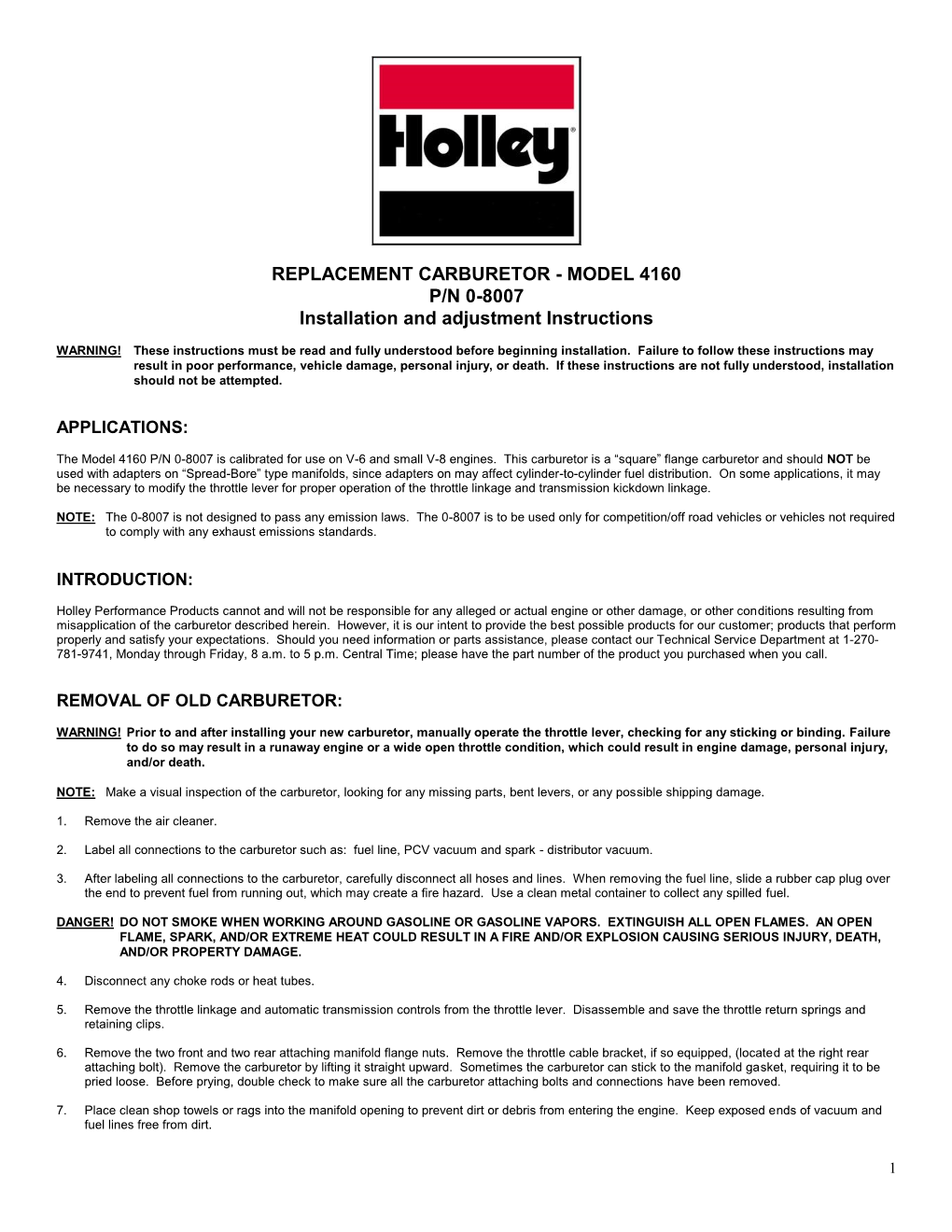 REPLACEMENT CARBURETOR - MODEL 4160 P/N 0-8007 Installation and Adjustment Instructions