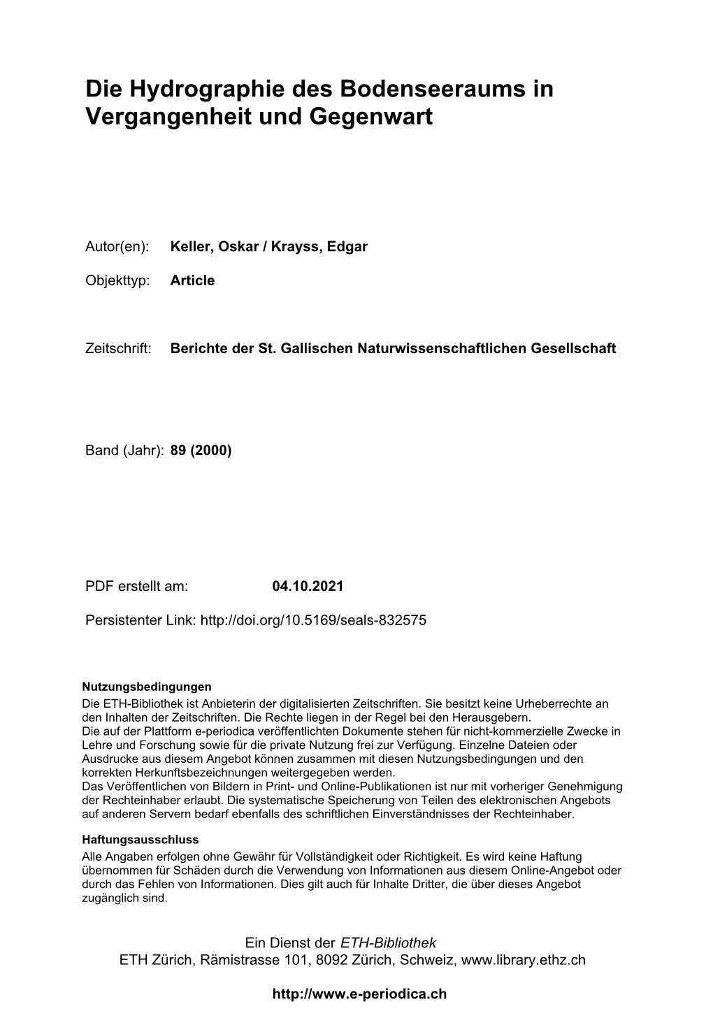 Die Hydrographie Des Bodenseeraums in Vergangenheit Und Gegenwart