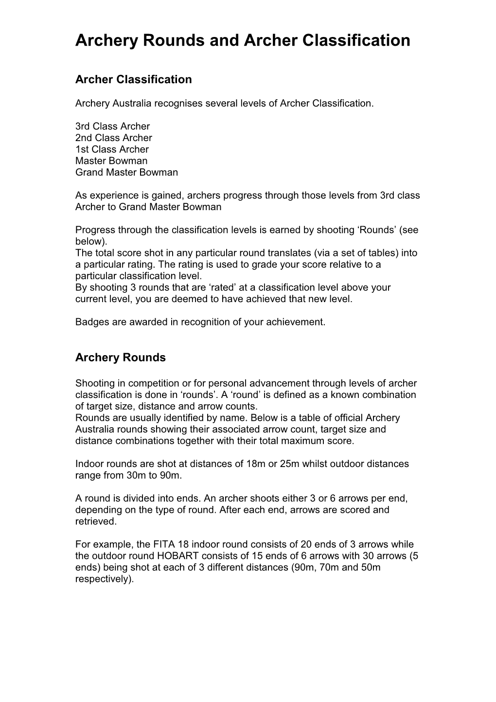 Archery Rounds and Archer Classification