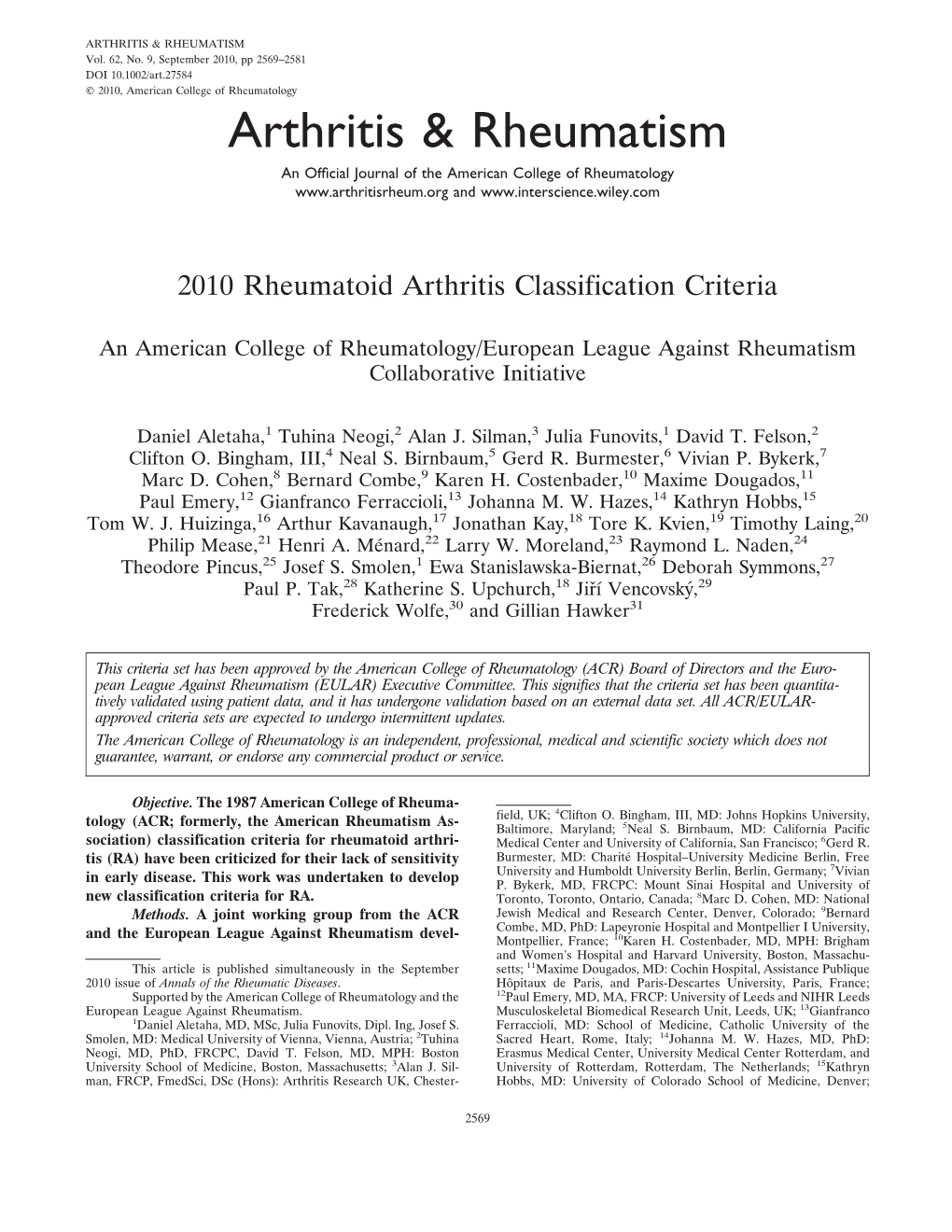 2010 Rheumatoid Arthritis Classification Criteria