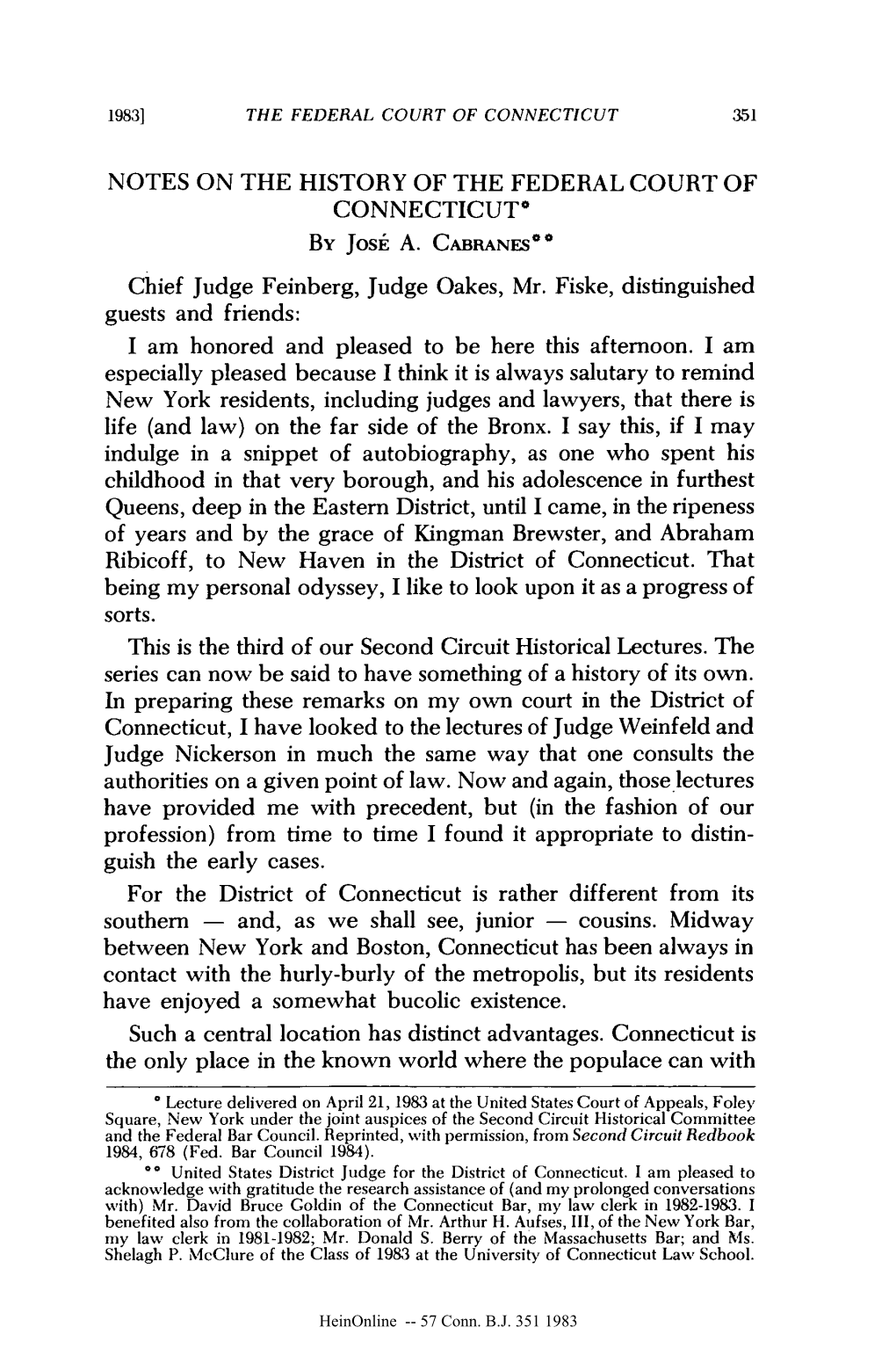 NOTES on the HISTORY of the FEDERAL COURT of CONNECTICUT* by Josk A