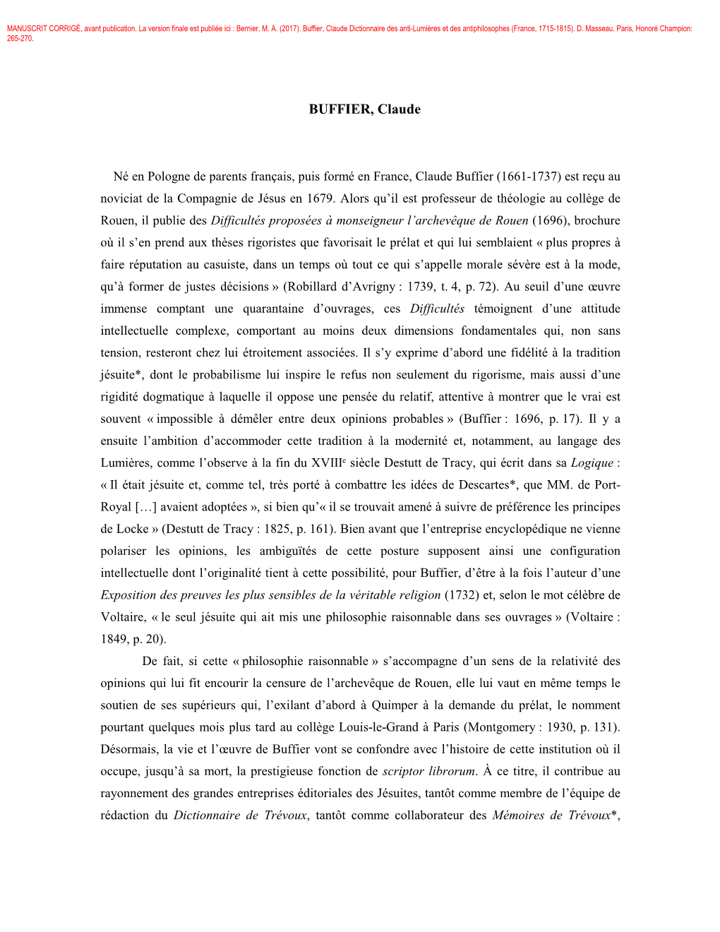 Buffier, Claude Dictionnaire Des Anti-Lumières Et Des Antiphilosophes (France, 1715-1815)