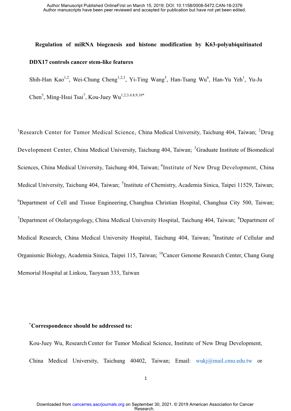 Regulation of Mirna Biogenesis and Histone Modification by K63-Polyubiquitinated