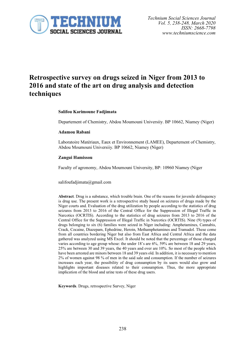 Retrospective Survey on Drugs Seized in Niger from 2013 to 2016 and State of the Art on Drug Analysis and Detection Techniques