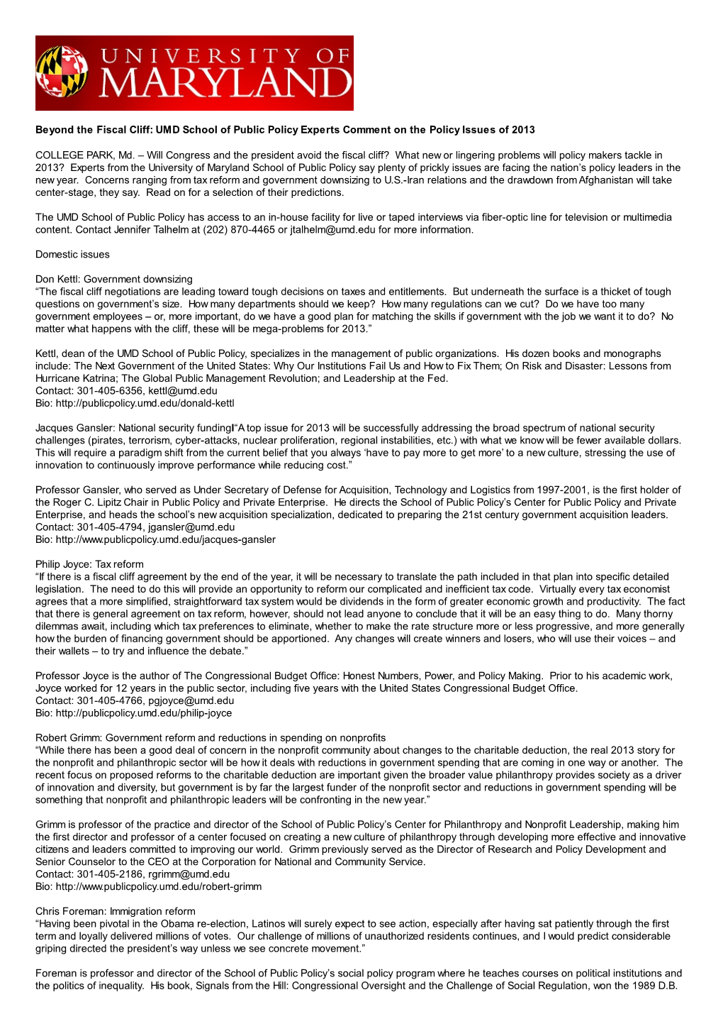 Beyond the Fiscal Cliff: UMD School of Public Policy Experts Comment on the Policy Issues of 2013