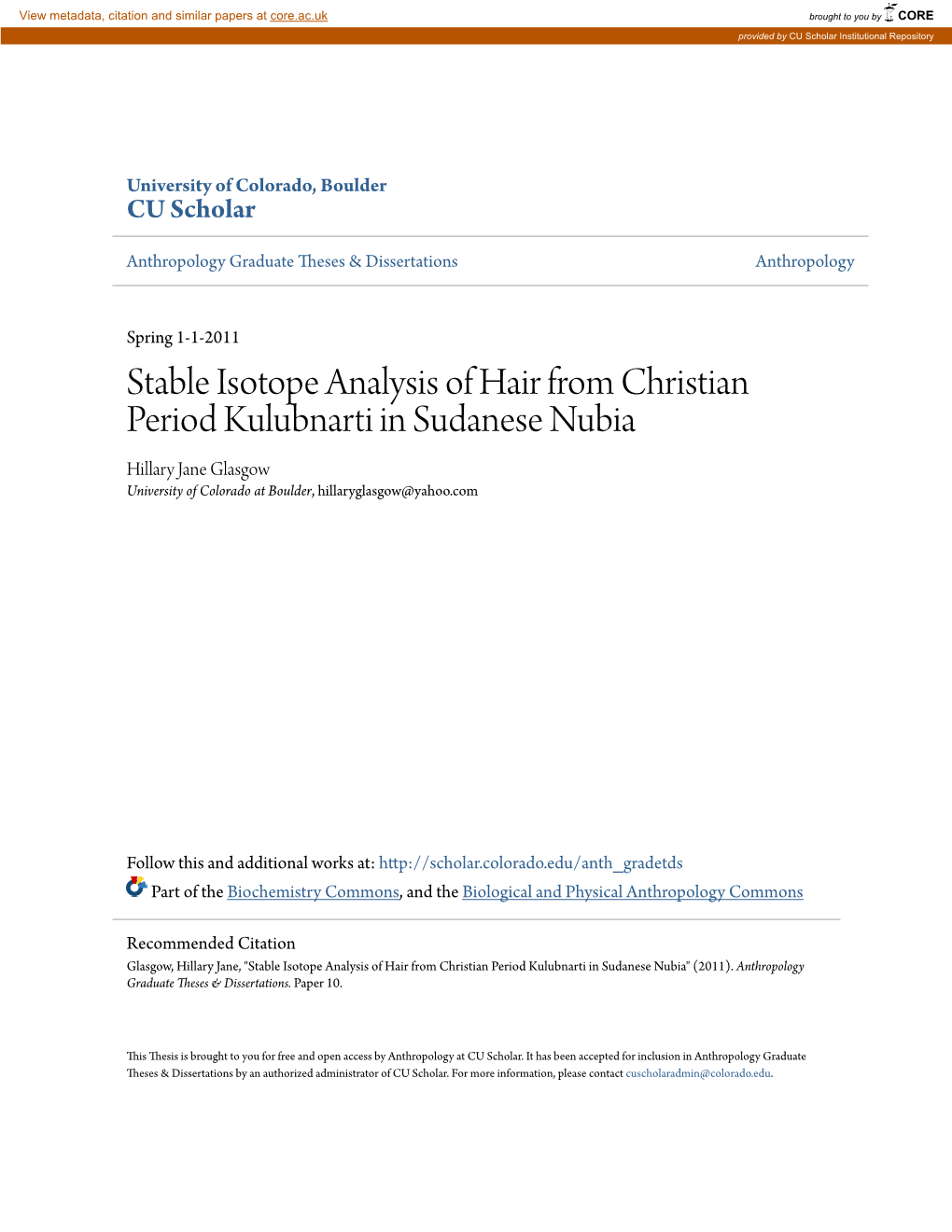 Stable Isotope Analysis of Hair from Christian Period Kulubnarti in Sudanese Nubia Hillary Jane Glasgow University of Colorado at Boulder, Hillaryglasgow@Yahoo.Com
