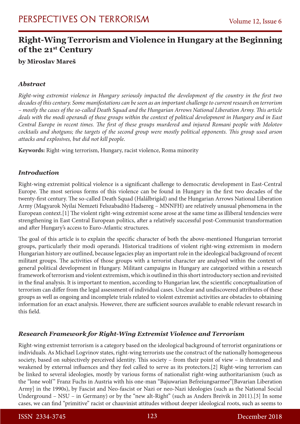 Right-Wing Terrorism and Violence in Hungary at the Beginning of the 21St Century by Miroslav Mareš