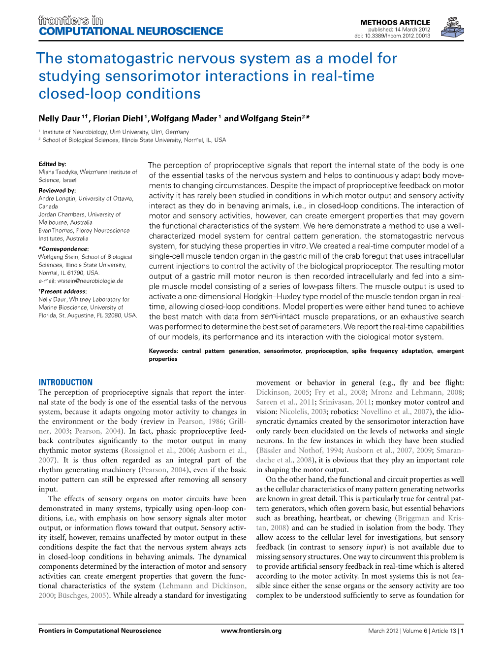 The Stomatogastric Nervous System As a Model for Studying Sensorimotor Interactions in Real-Time Closed-Loop Conditions