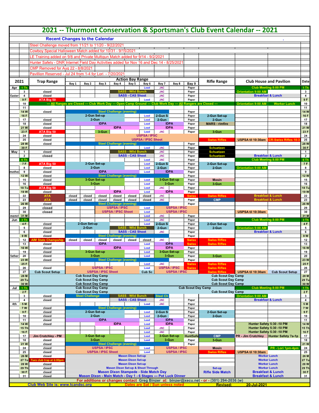 2021 -- Thurmont Conservation & Sportsman's Club Event Calendar