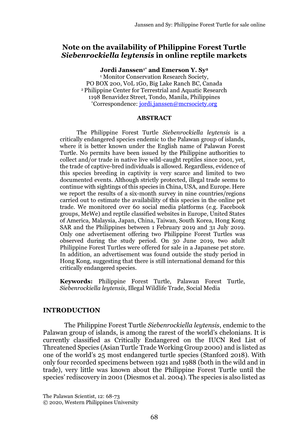 Note on the Availability of Philippine Forest Turtle Siebenrockiella Leytensis in Online Reptile Markets