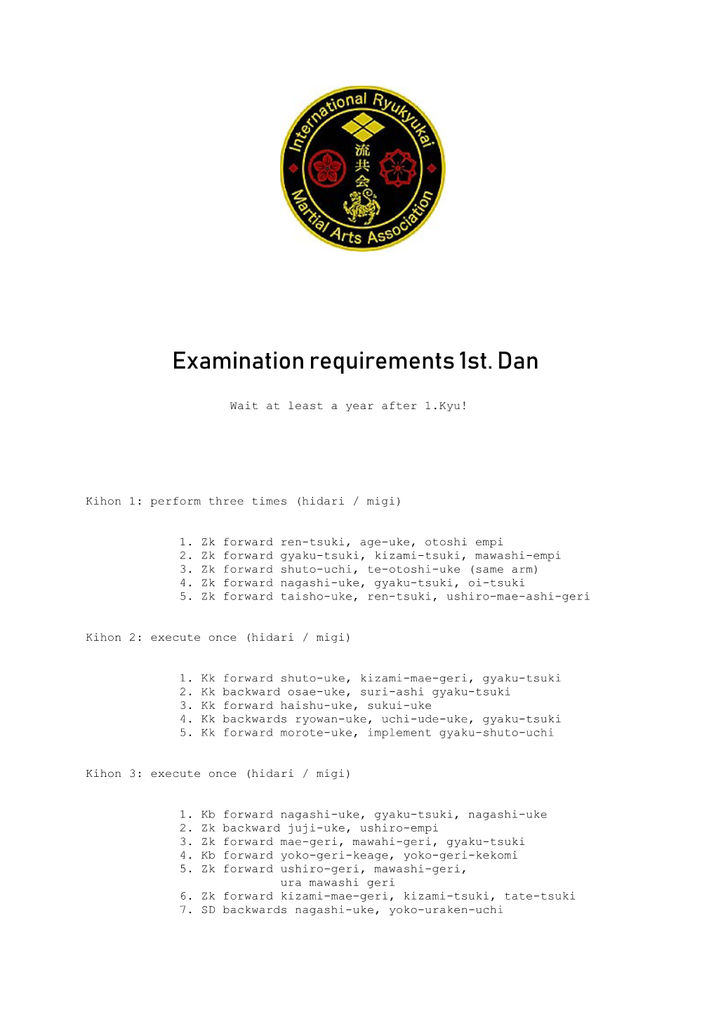 Examination Requirements 1St. Dan