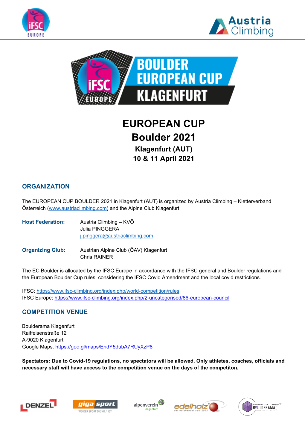 EUROPEAN CUP Boulder 2021 Klagenfurt (AUT) 10 & 11 April 2021