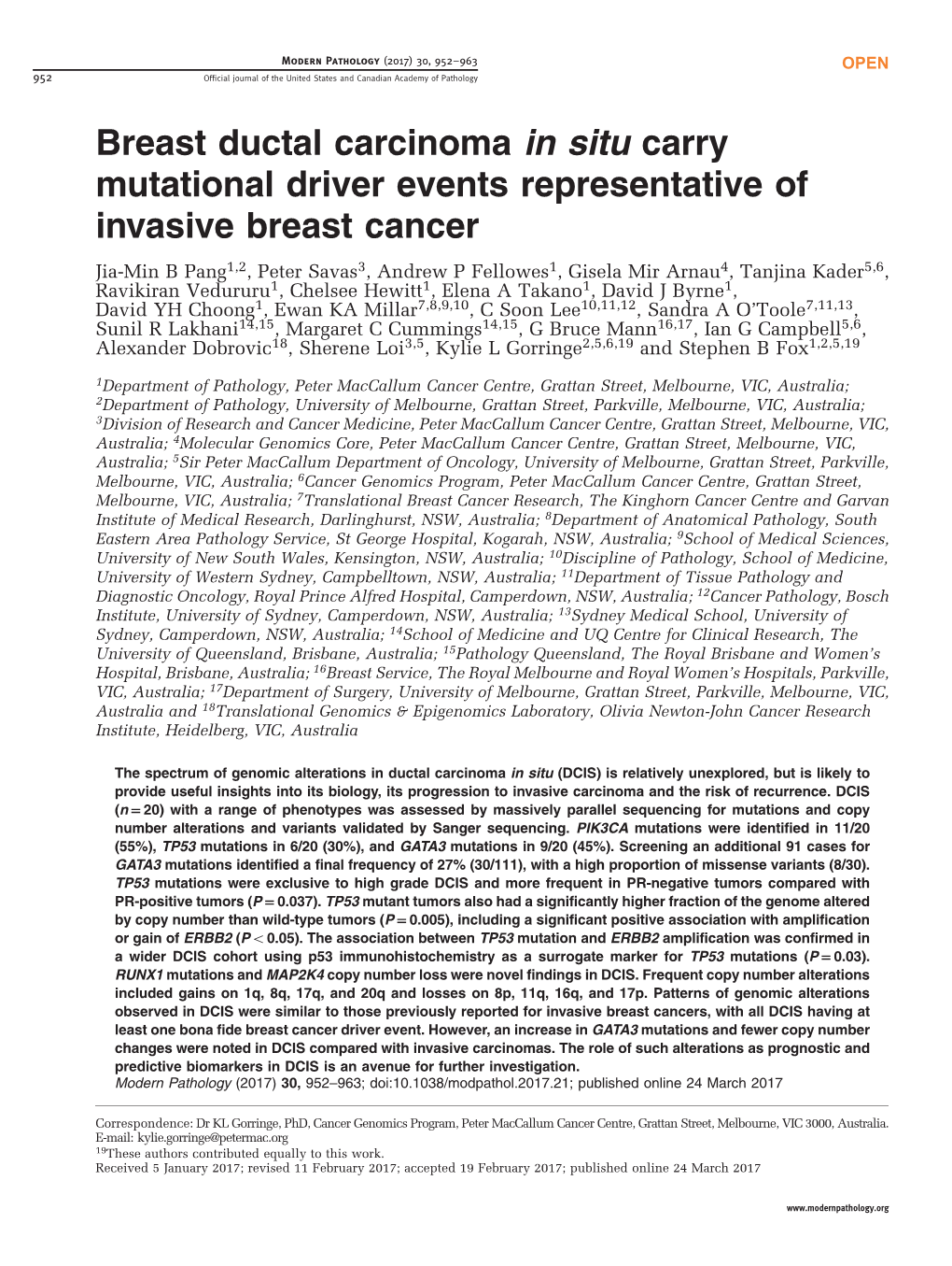 Breast Ductal Carcinoma in Situ Carry Mutational Driver Events