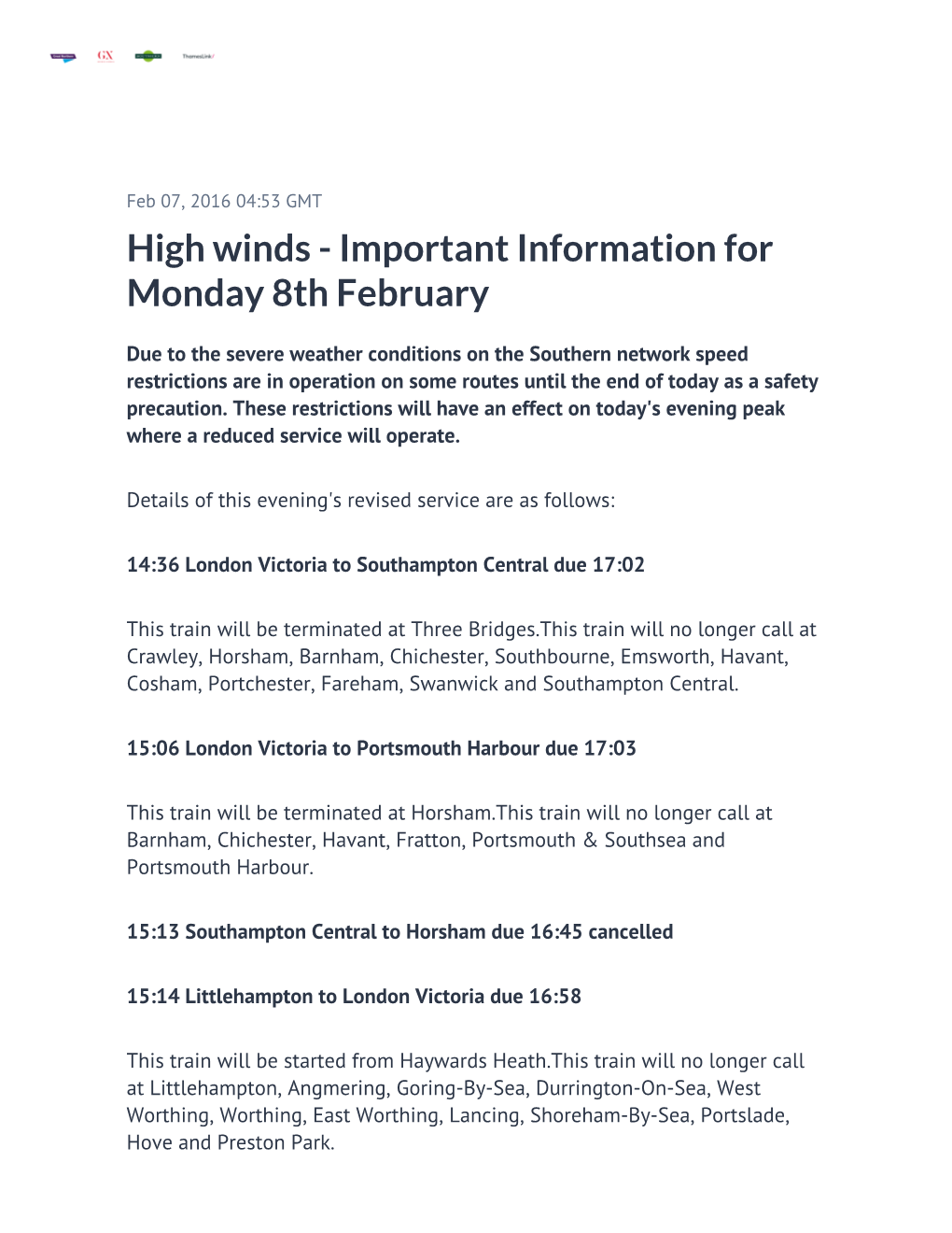 High Winds - Important Information for Monday 8Th February