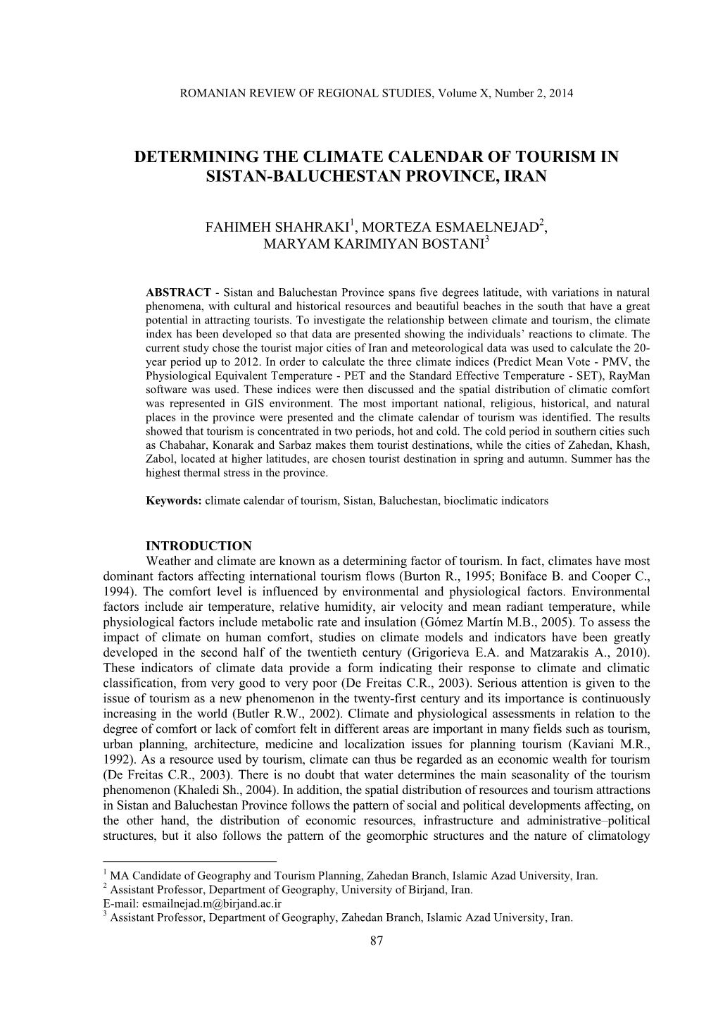 Determining the Climate Calendar of Tourism in Sistan-Baluchestan Province, Iran