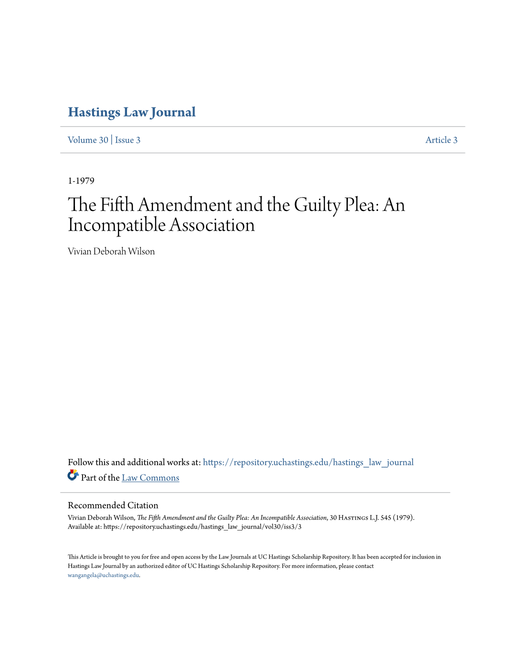 The Fifth Amendment and the Guilty Plea: an Incompatible Association, 30 Hastings L.J