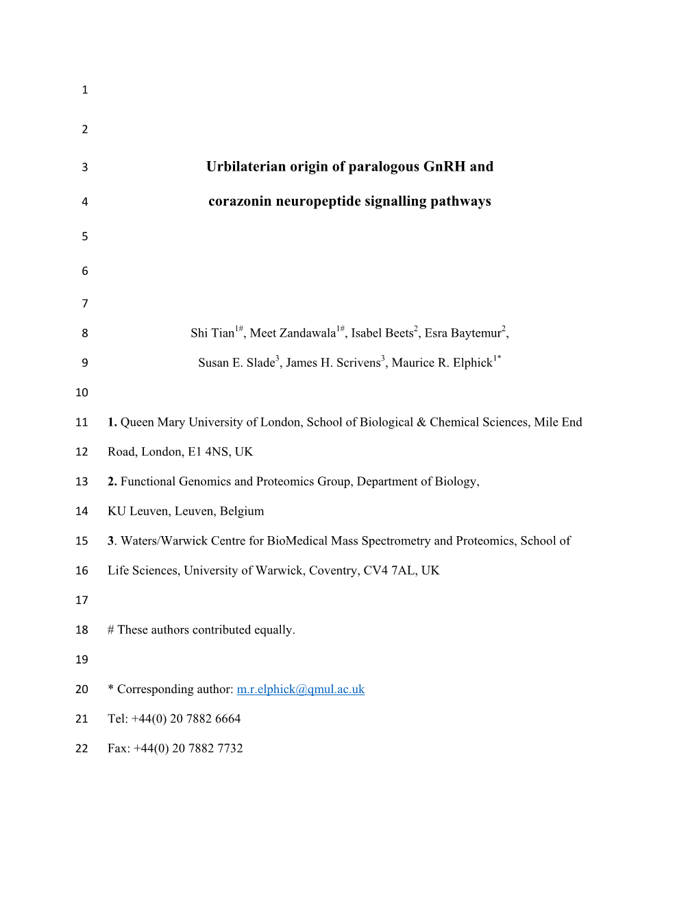 Urbilaterian Origin of Paralogous Gnrh and Corazonin Neuropeptide