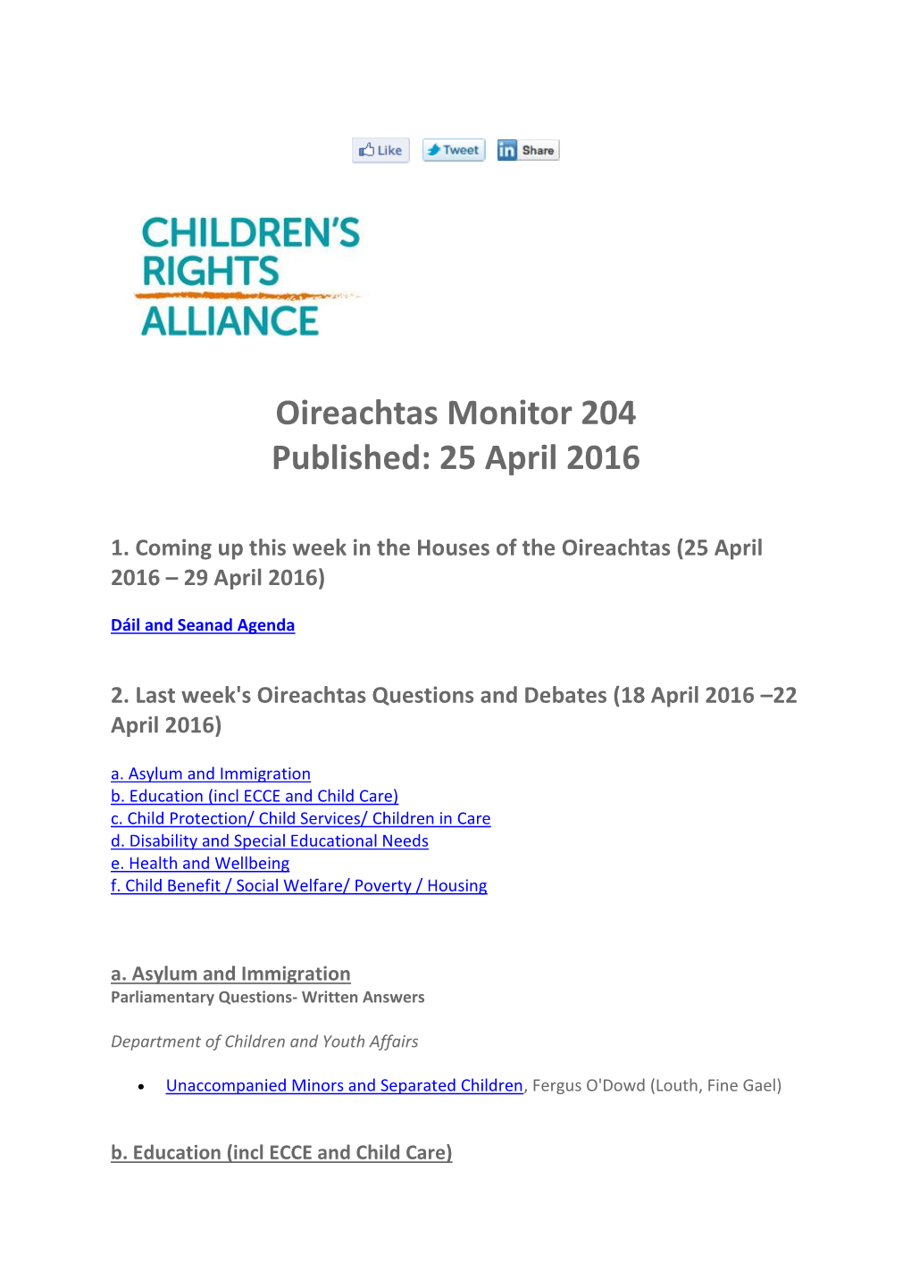 Oireachtas Monitor 204 Published: 25 April 2016
