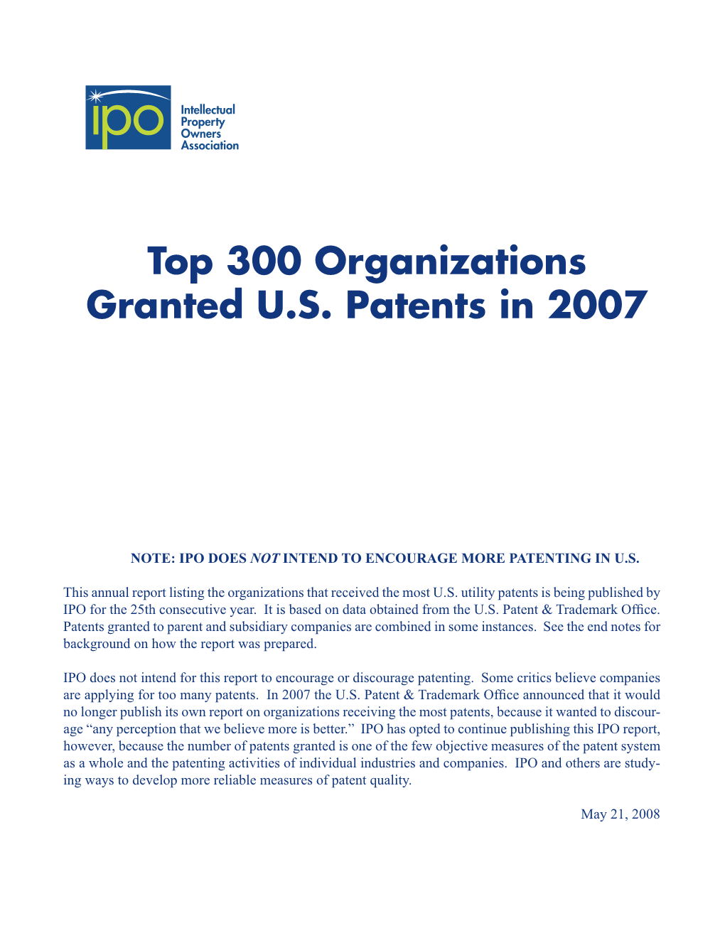 Top 300 Organizations Granted U.S. Patents in 2007