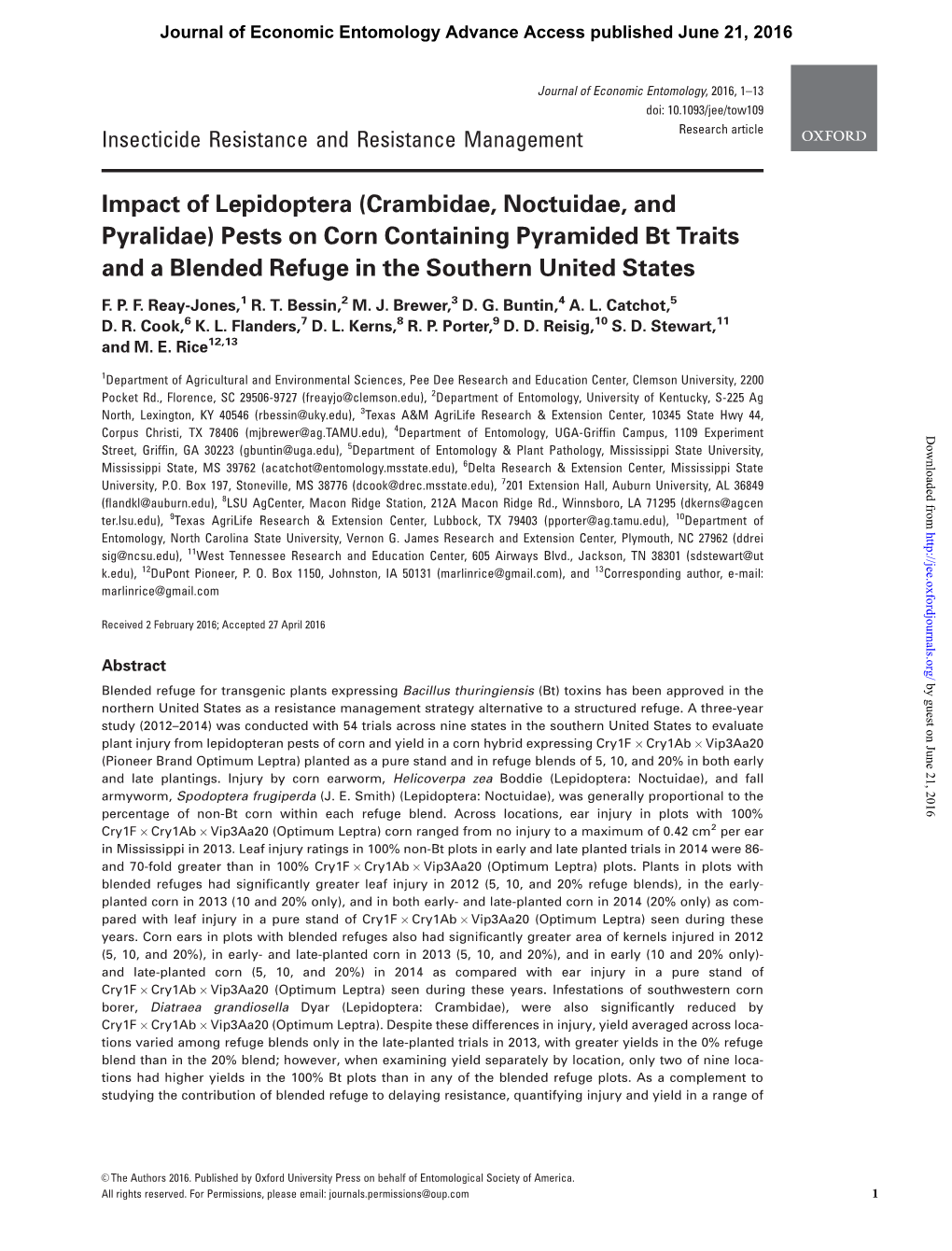 Crambidae, Noctuidae, and Pyralidae) Pests on Corn Containing Pyramided Bt Traits and a Blended Refuge in the Southern United States