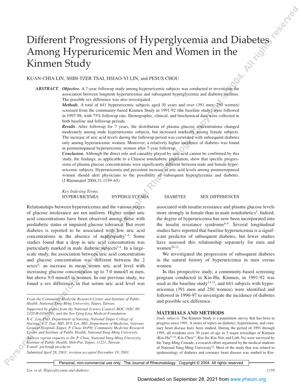 Different Progressions of Hyperglycemia and Diabetes Among Hyperuricemic Men and Women in the Kinmen Study
