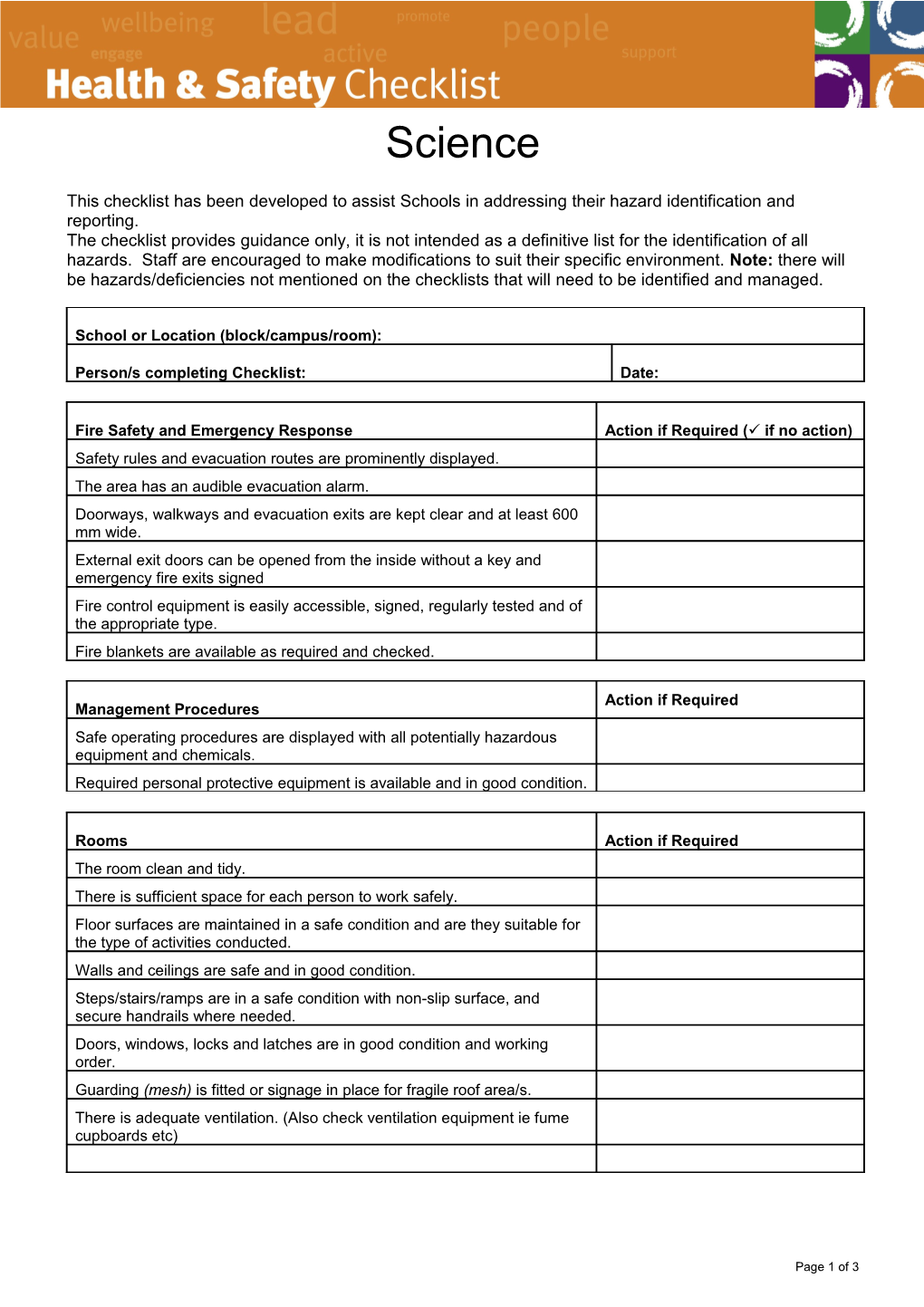 Safety Inspection Checklist Classrooms
