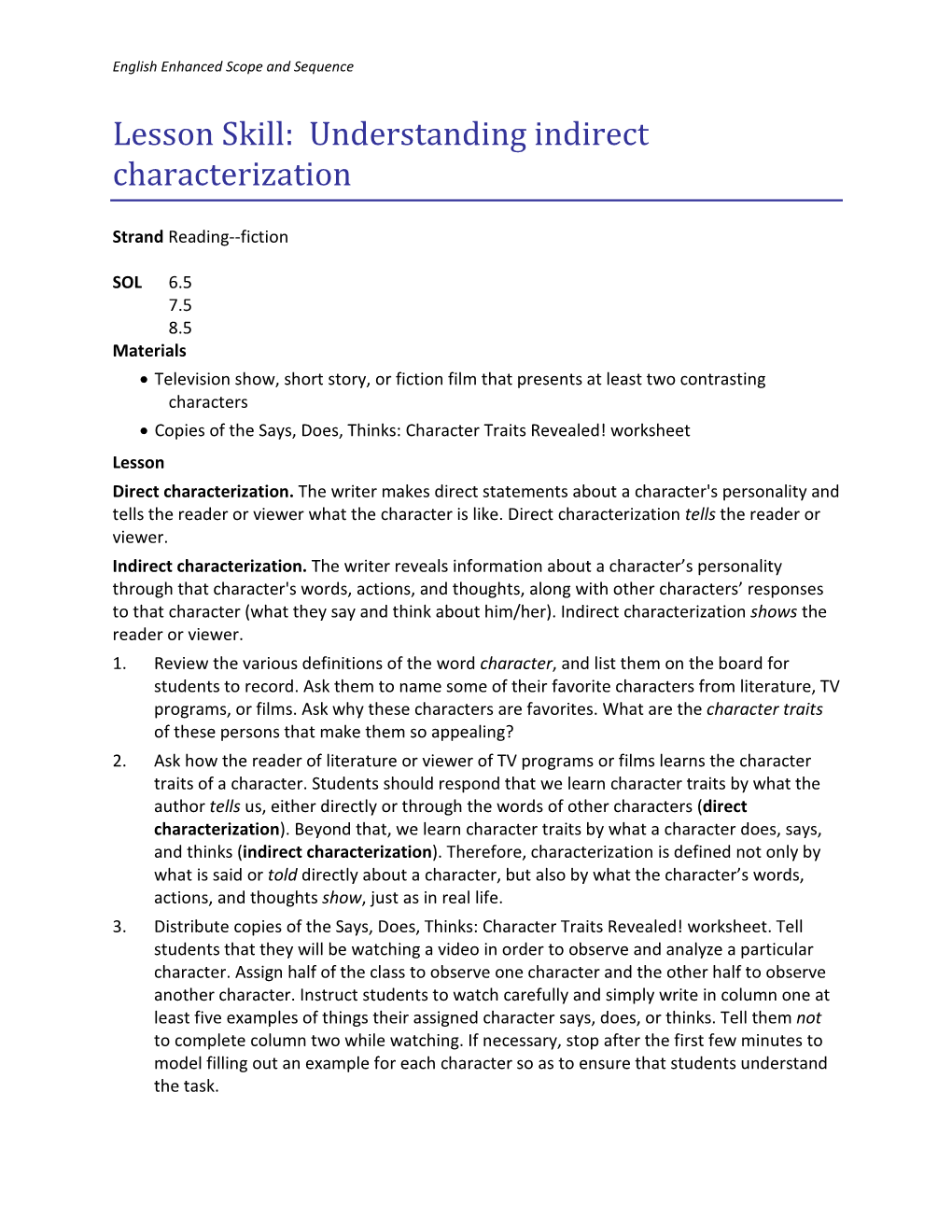 Lesson Skill: Understanding Indirect Characterization