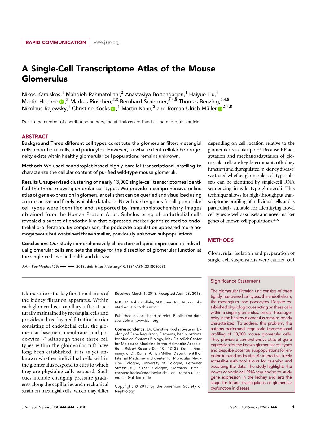 A Single-Cell Transcriptome Atlas of the Mouse Glomerulus