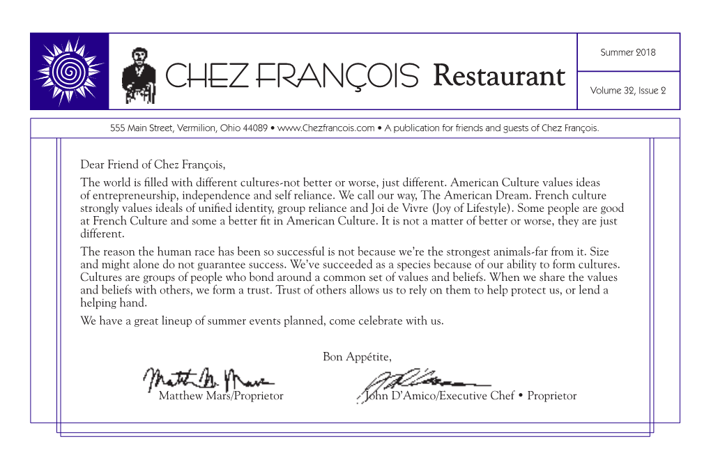 CHEZ FRANÇOIS Restaurant Volume 32, Issue 2