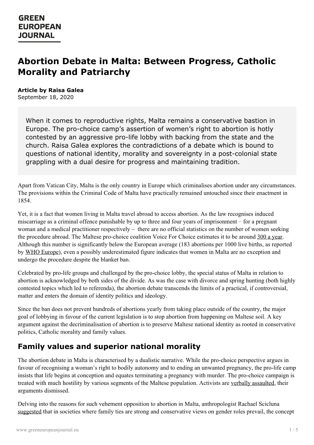 Abortion Debate in Malta: Between Progress, Catholic Morality and Patriarchy