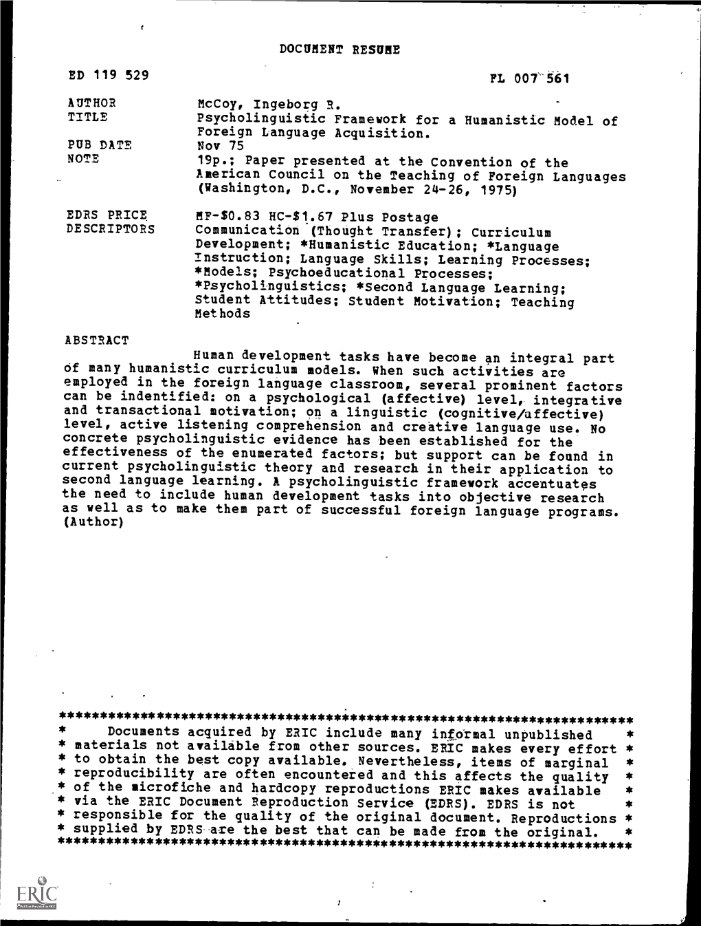 Psycholinguistic Framework for a Humanistic Model of Foreign Language Acquisition