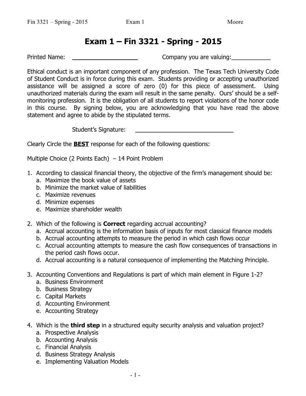 First Examination Finance 3321