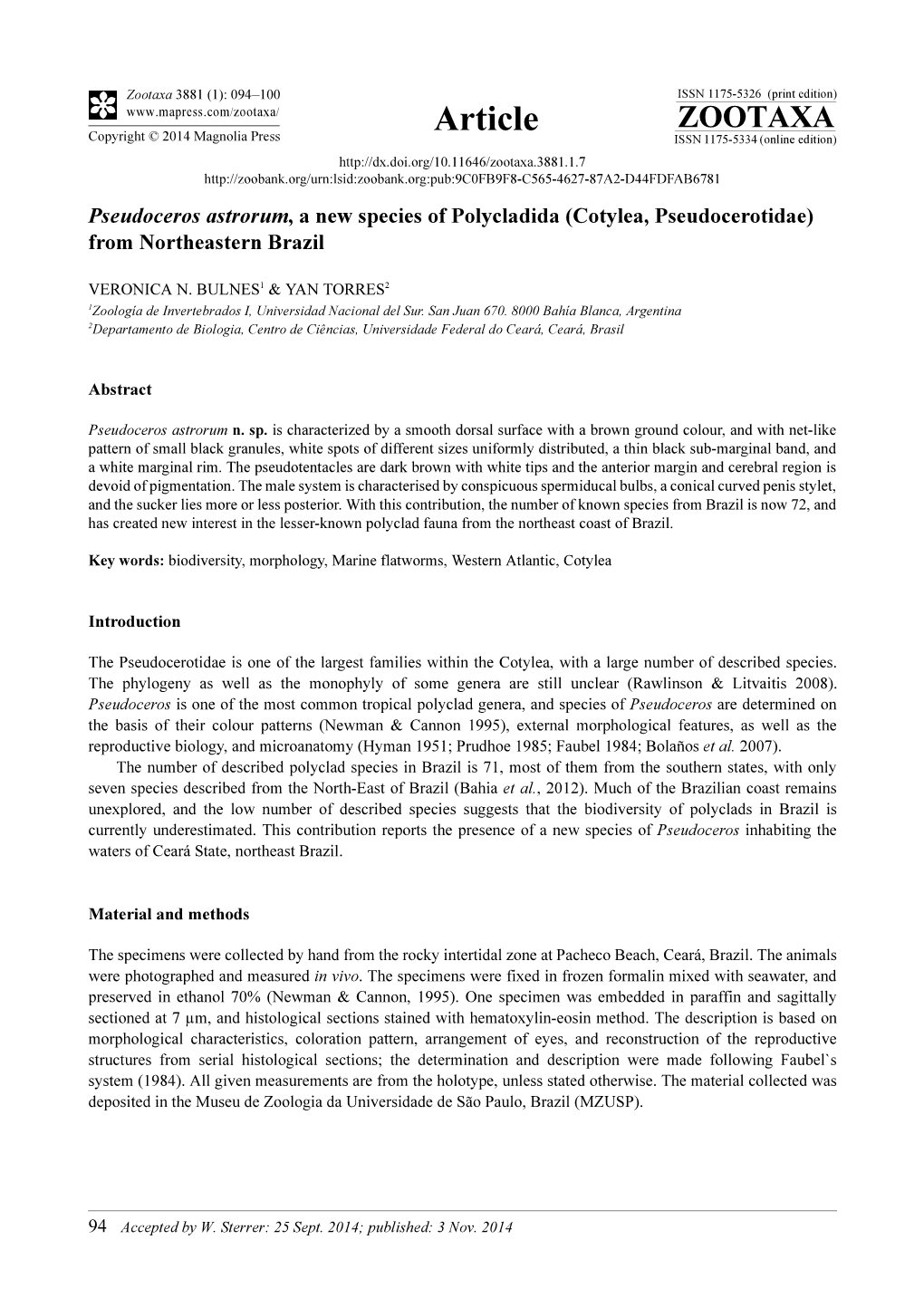 Pseudoceros Astrorum, a New Species of Polycladida (Cotylea, Pseudocerotidae) from Northeastern Brazil