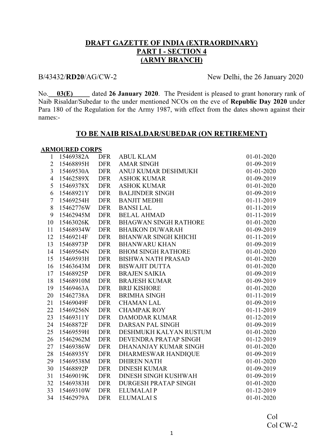 Col Col CW-2 DRAFT GAZETTE of INDIA