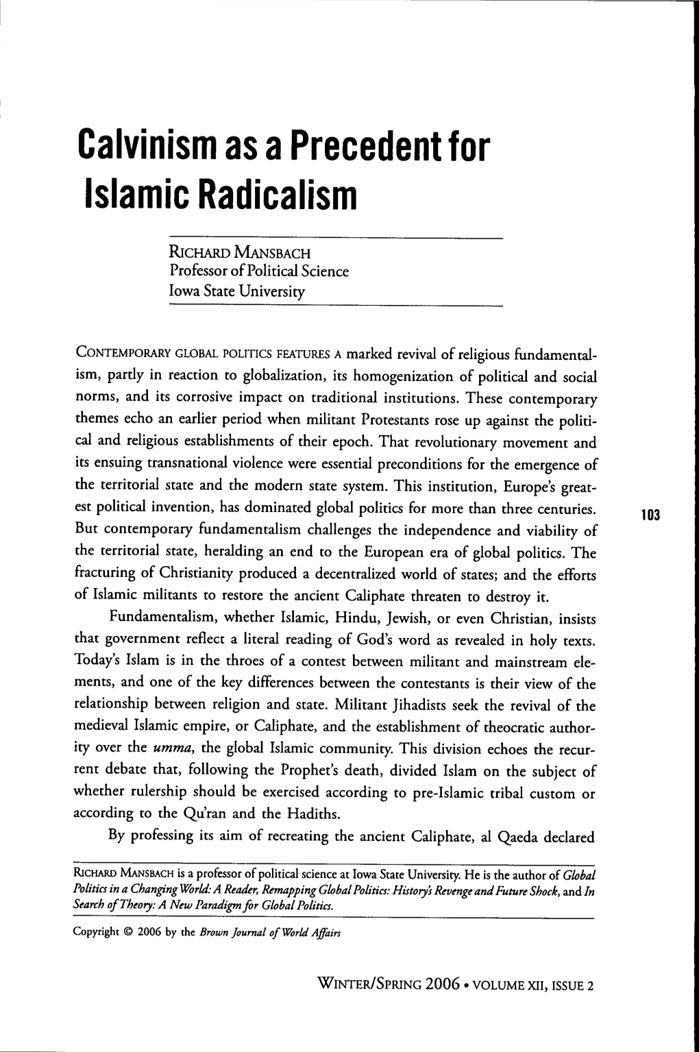 Calvinism As a Precedent for Islamic Radicalism