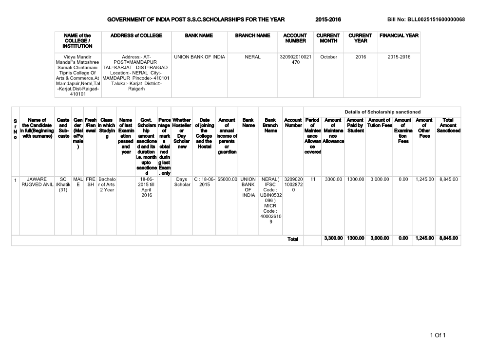 1 of 1 GOVERNMENT of INDIA POST S.S.C.SCHOLARSHIPS for the YEAR 2015-2016 Bill No: BLL0025151600000085