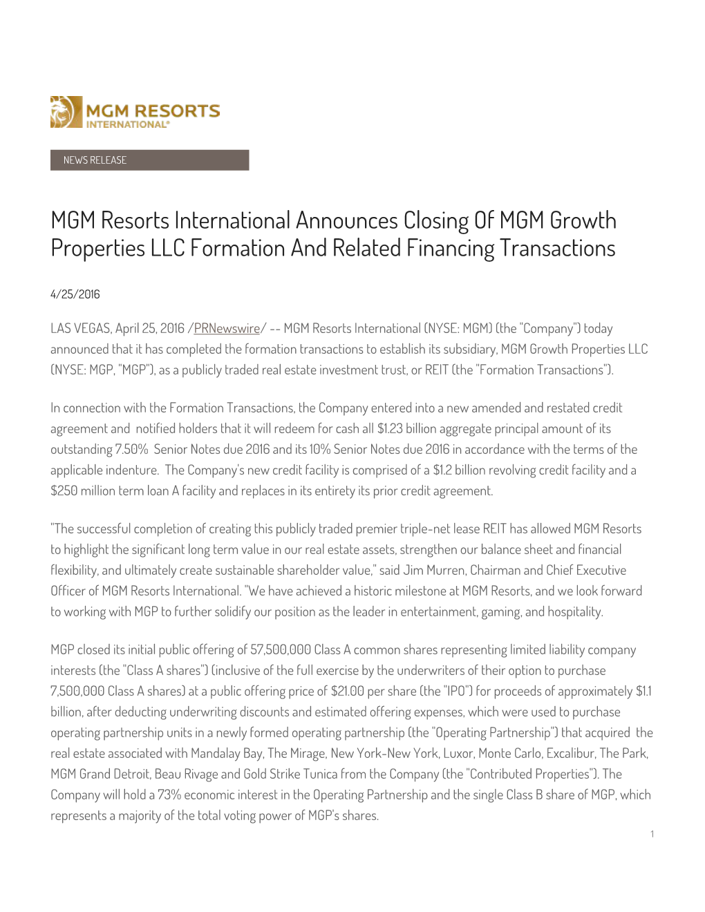 MGM Resorts International Announces Closing of MGM Growth Properties LLC Formation and Related Financing Transactions