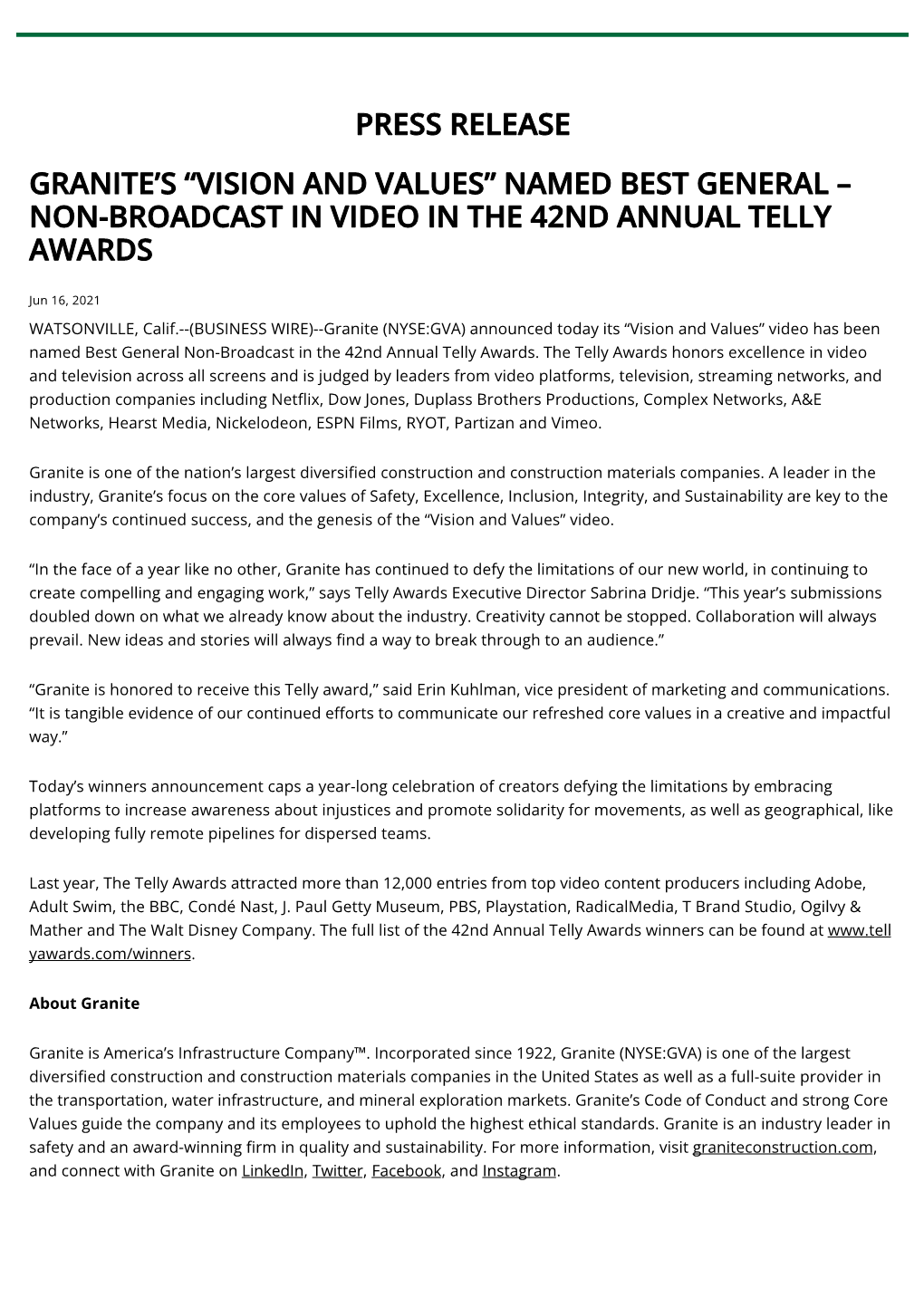 Non-Broadcast in Video in the 42Nd Annual Telly Awards